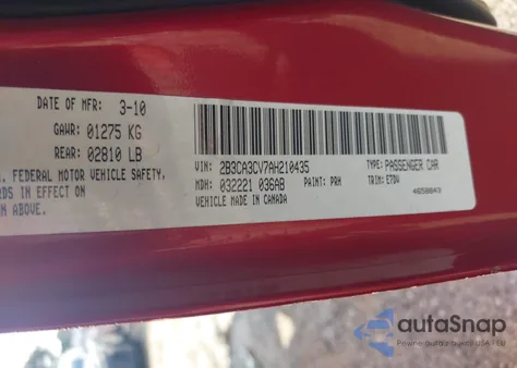 2010 Dodge Charger Sxt из США, поврежденный, VIN 2B3CA3CV7AH210435